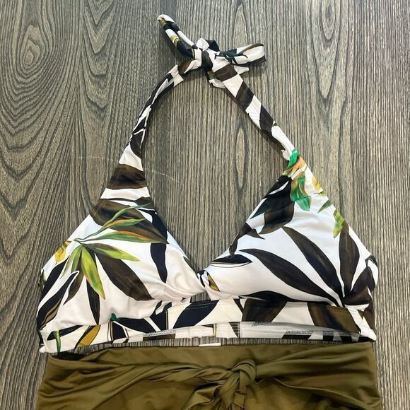 Gibson Latimer Bikini Set High Rise Halter Neck Tropical Print White/Green Sz L - Picture 3 of 6